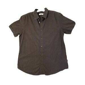 Calvin Klein Button Shirt Short Sleeve Men Size M Medium Grey wSoft Black Strips